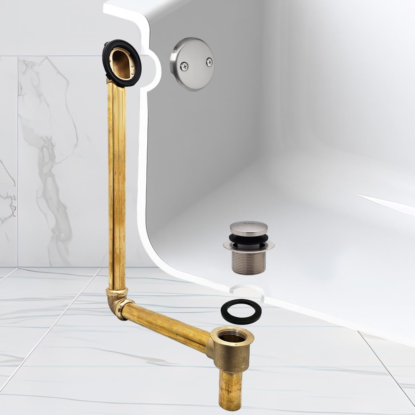 Westbrass 7931817-DC-07 22' Direct Connect 17 Gauge Brass Waste and Overflow with Tip-Toe Drain Trim, Satin Nickel
