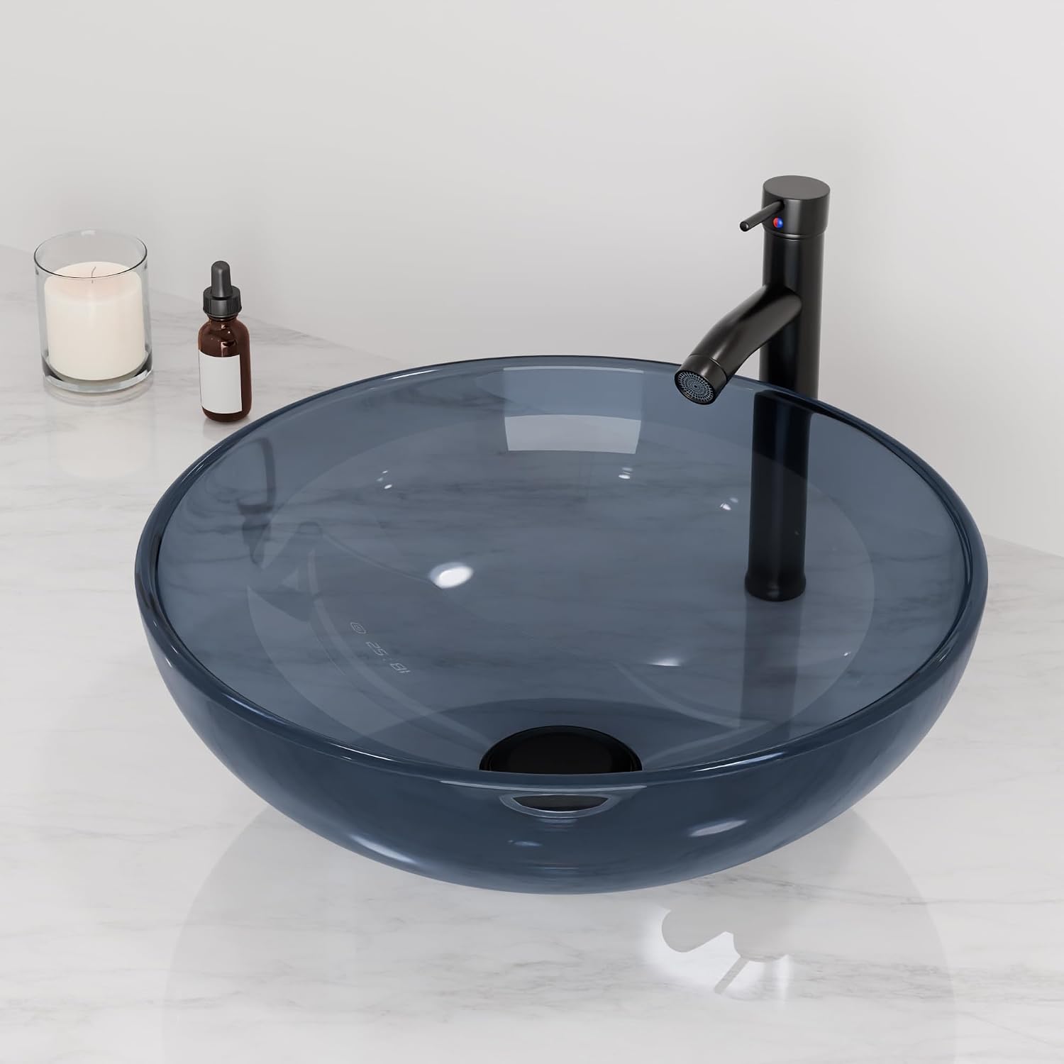 Design Vessel Sink Bathroom Sink above counter Small Vessel Sink Bathroom Sink Bowl Countertop Modern Sinks with faucet and drain combo 16.5' Round Transparent New