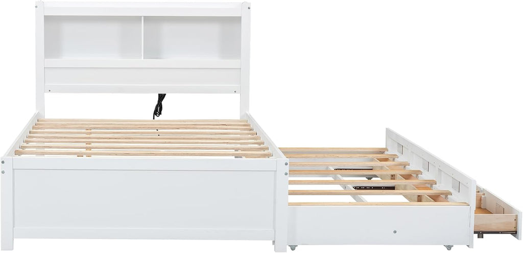 SOFTSEA Full Trundle Bed Frame with Storage Headboard Wood Platform Bed Frame with Trundle and USB Plugs