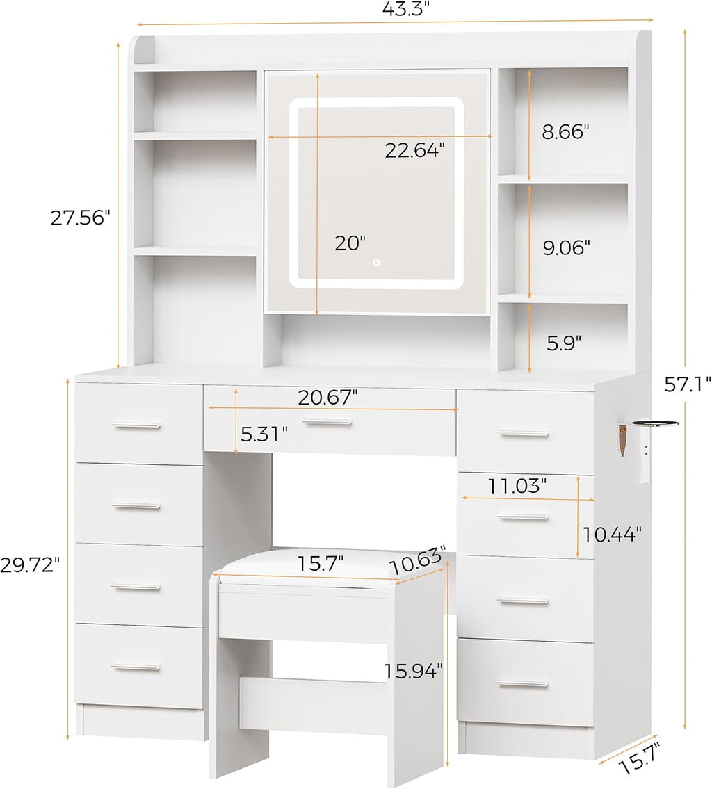 BEWISHOME Vanity Desk with Mirror and Lights, Makeup Vanity Table with Power Outlet,Stool Vanity Table with 9 Drawers 6 Storage Shelves Jewelry Storage,Dressing Table for Bedroom Girls White FST36W
