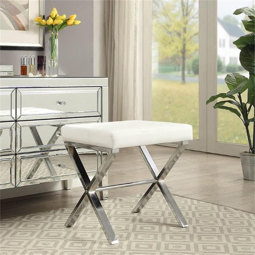 Pemberly Row Modern Vanity Bench, Chrome X-Base, White Faux Leather Upholstery, Tufted Cushion, 20' L x 16' D x 19' H, Sleek Contemporary Design for Bedroom or Indoor Use