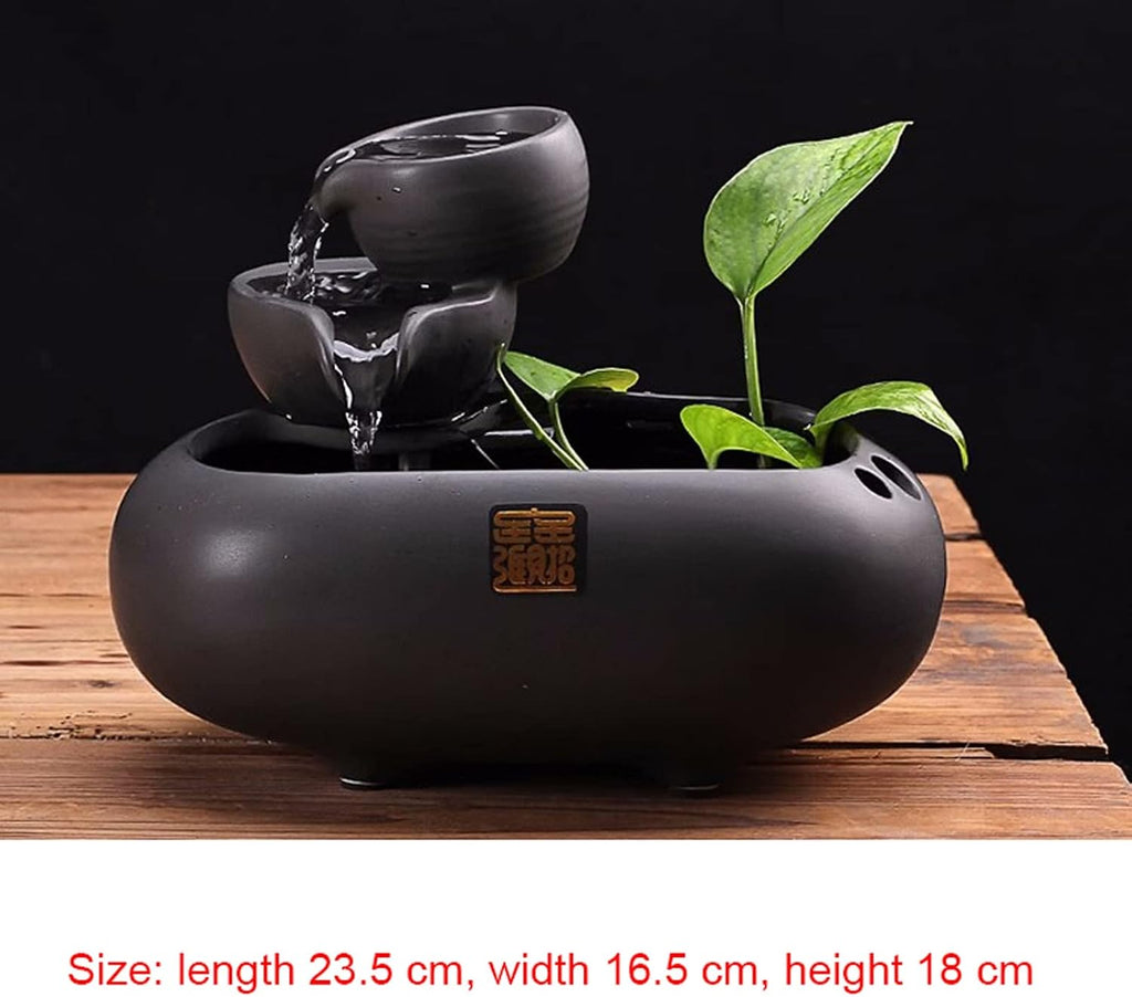 Tabletop Fountain 2 Step Ceramic Waterfall Indoor Fountain Tabletop Water Zen for Office Home Decoration 7.0 Inch Tall (Black)