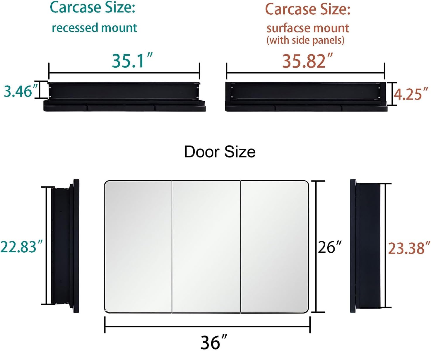 IDYLLOR Bathroom Mirror Medicine Cabinet with Round Corner Framed Door 36 x 26 inch, Black，Recessed or Surface Mount, with Adjustable Glass Shelves