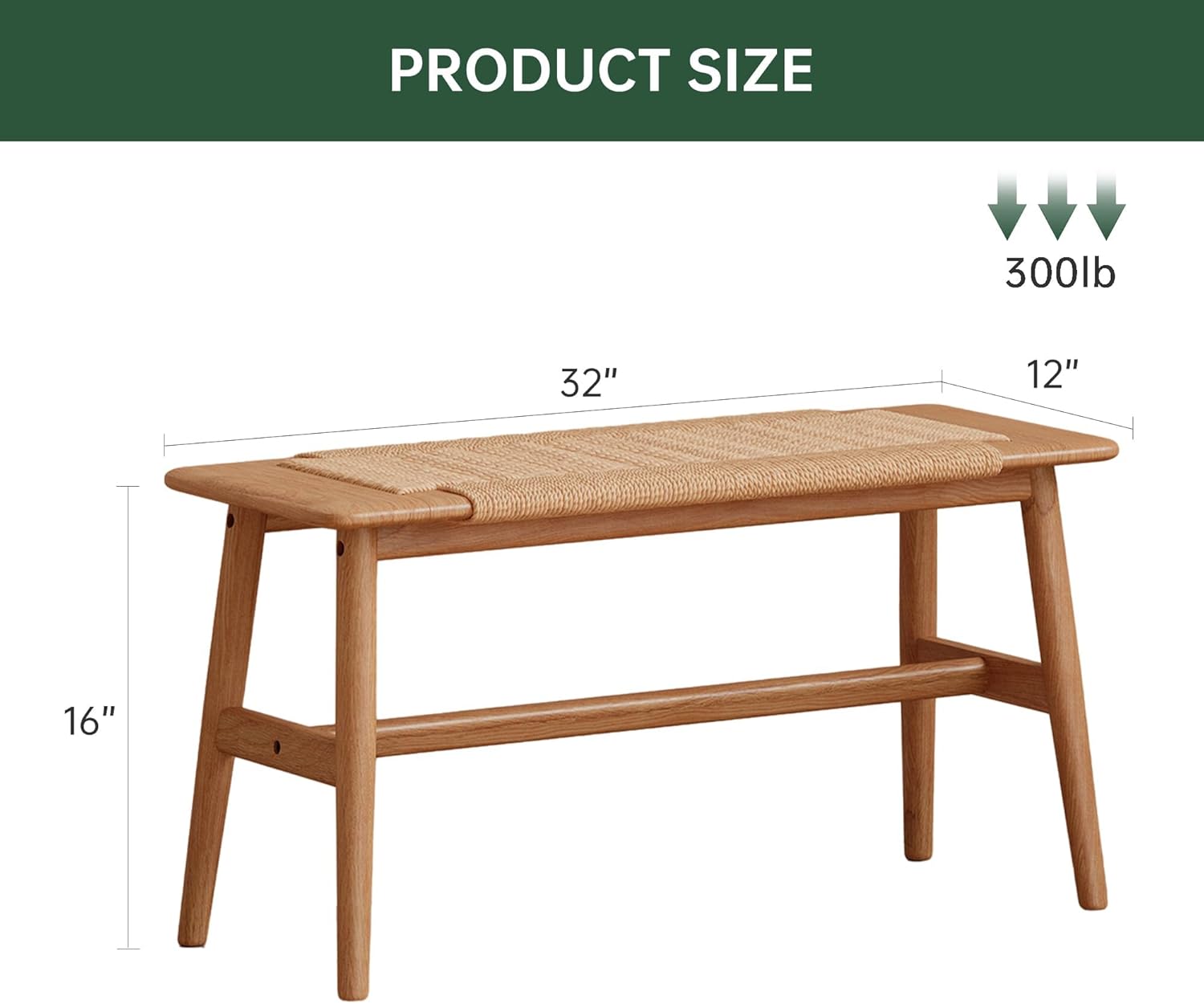 100% Solid Oak Wood Bench,Hand Woven Design,Solid Mortise and Tenon Construction-Solid Structure of Chair Legs,Woven Rattan Entryway Benchs/Dining Bench (Natural Oak,31.49'*11.81'*15.98')