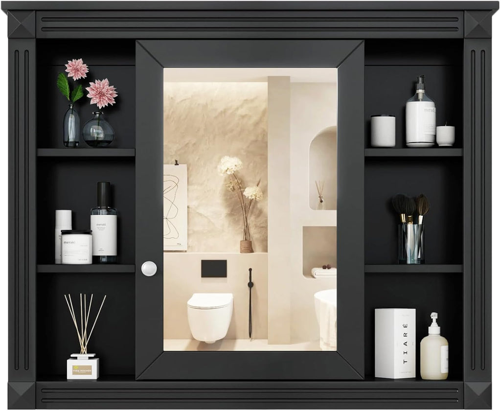 Merax Medicine Cabinet with Mirror, Wall Mount Bathroom Cabinet Over Toilet Storage Cabinet Organizer with Door and Open Shelves, Mirrored Bathroom Wall Cabinet