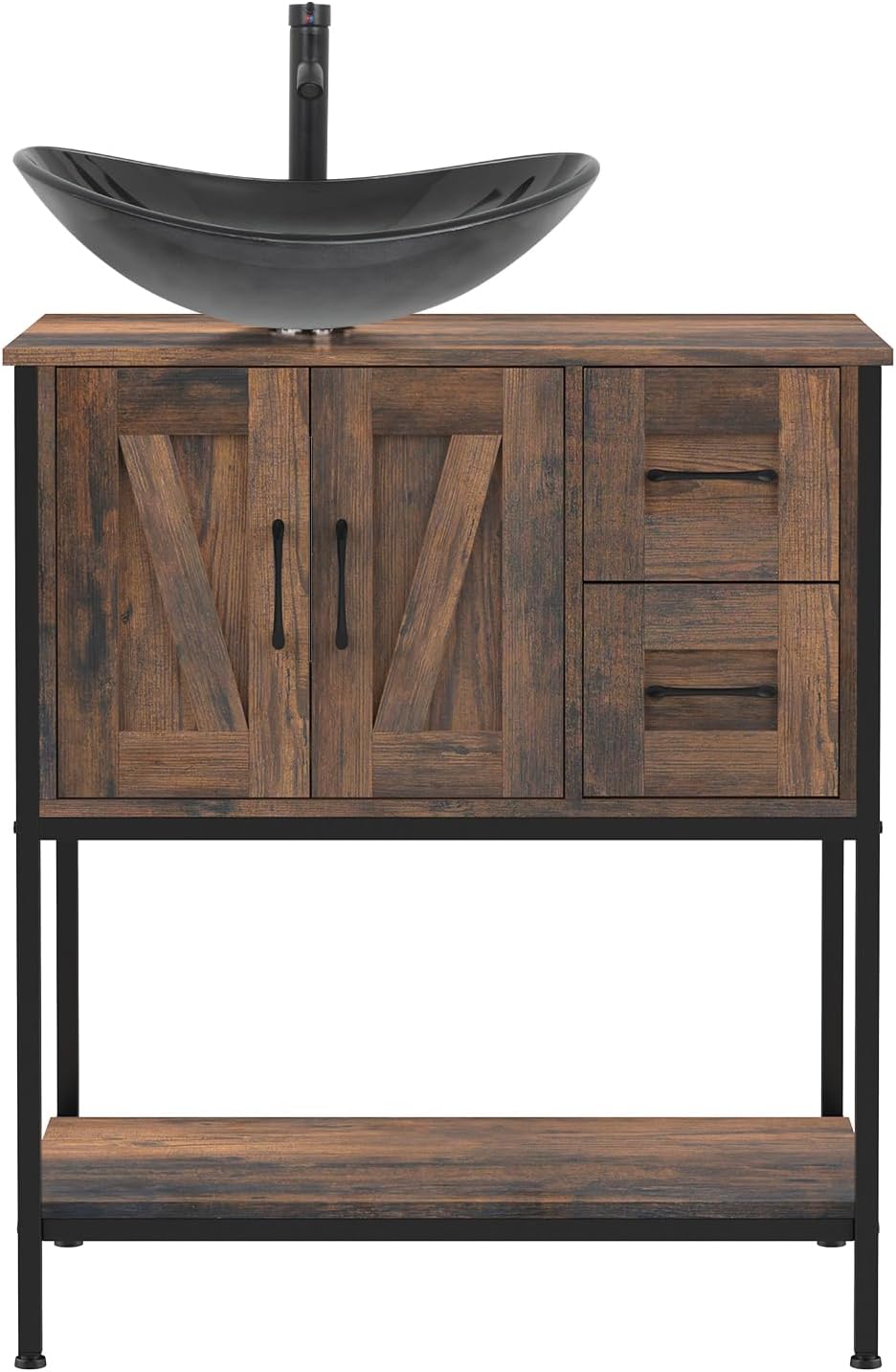 YOURLITE Bathroom Vanity, 30' Farmhouse Bathroom Vanity with Sink Combo Set, Rustic Brown Modern Wood Cabinet with Black-White Gradient Boat Sink