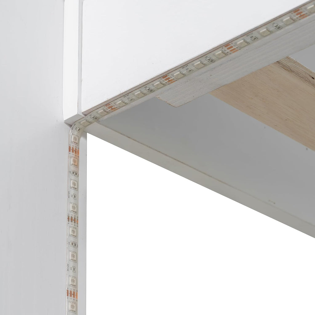 RUNNA Twin Over Full Bunk Bed with Storage Shelves, LED, Charging Station and a Drawer, Solid Wood Bunk Bed for Kids, Teens, Adults (White/LED)