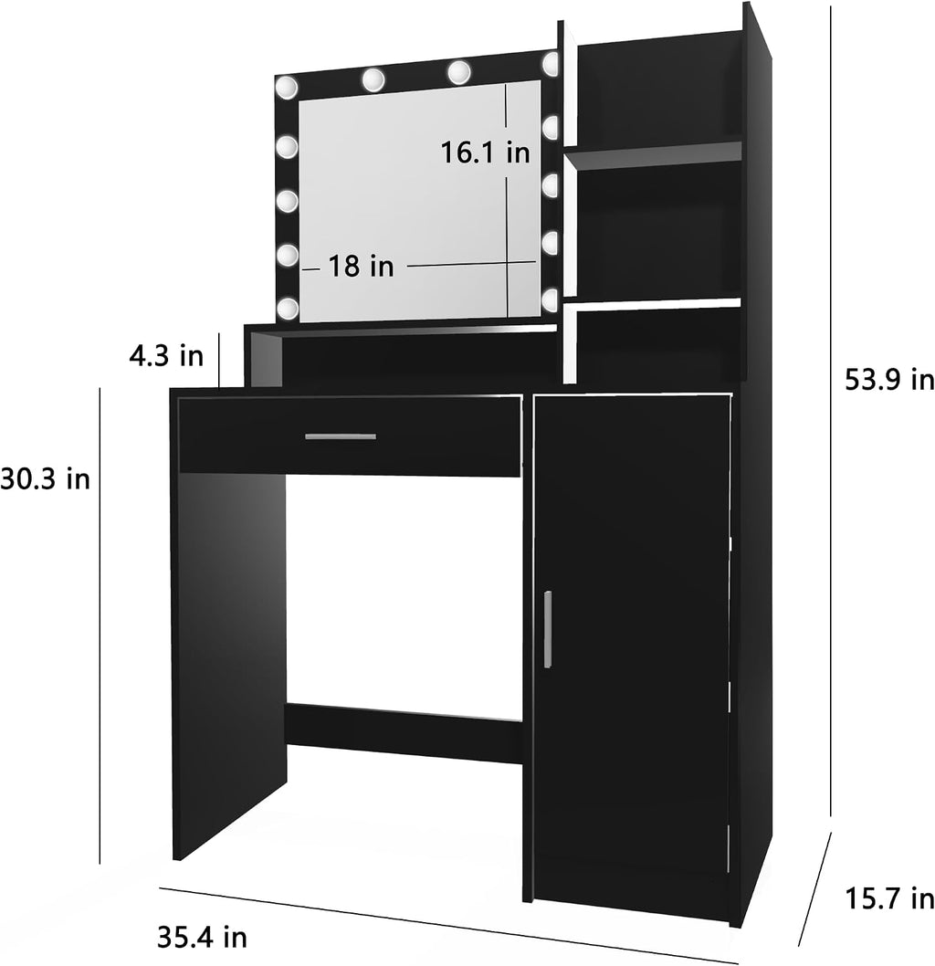 Palimder Vanity Desk with Mirror & Light, Large Drawer & Three Level Storage Dresser, 3 Lighting Modes Adjustable Brightness, Bedroom Dressing Table (Black)