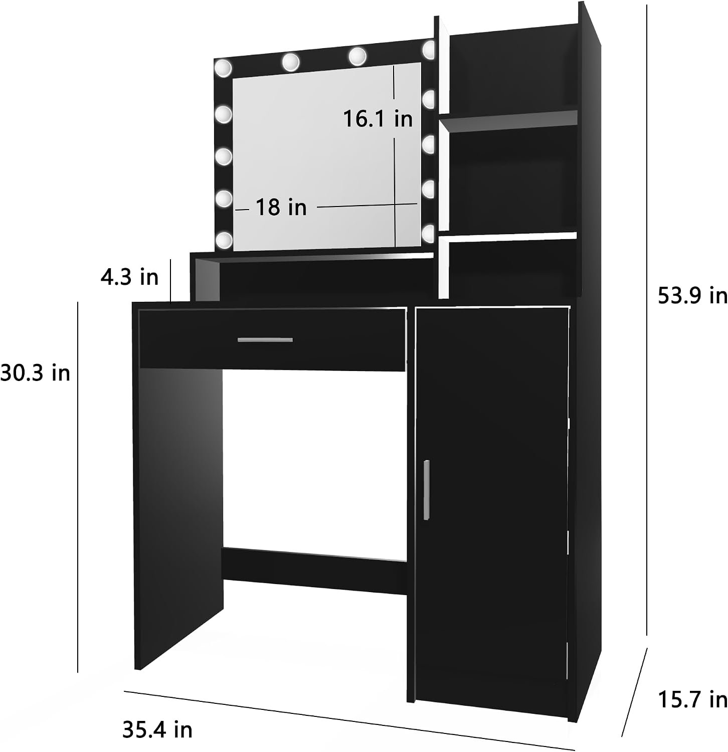 Palimder Vanity Desk with Mirror & Light, Large Drawer & Three Level Storage Dresser, 3 Lighting Modes Adjustable Brightness, Bedroom Dressing Table (Black)