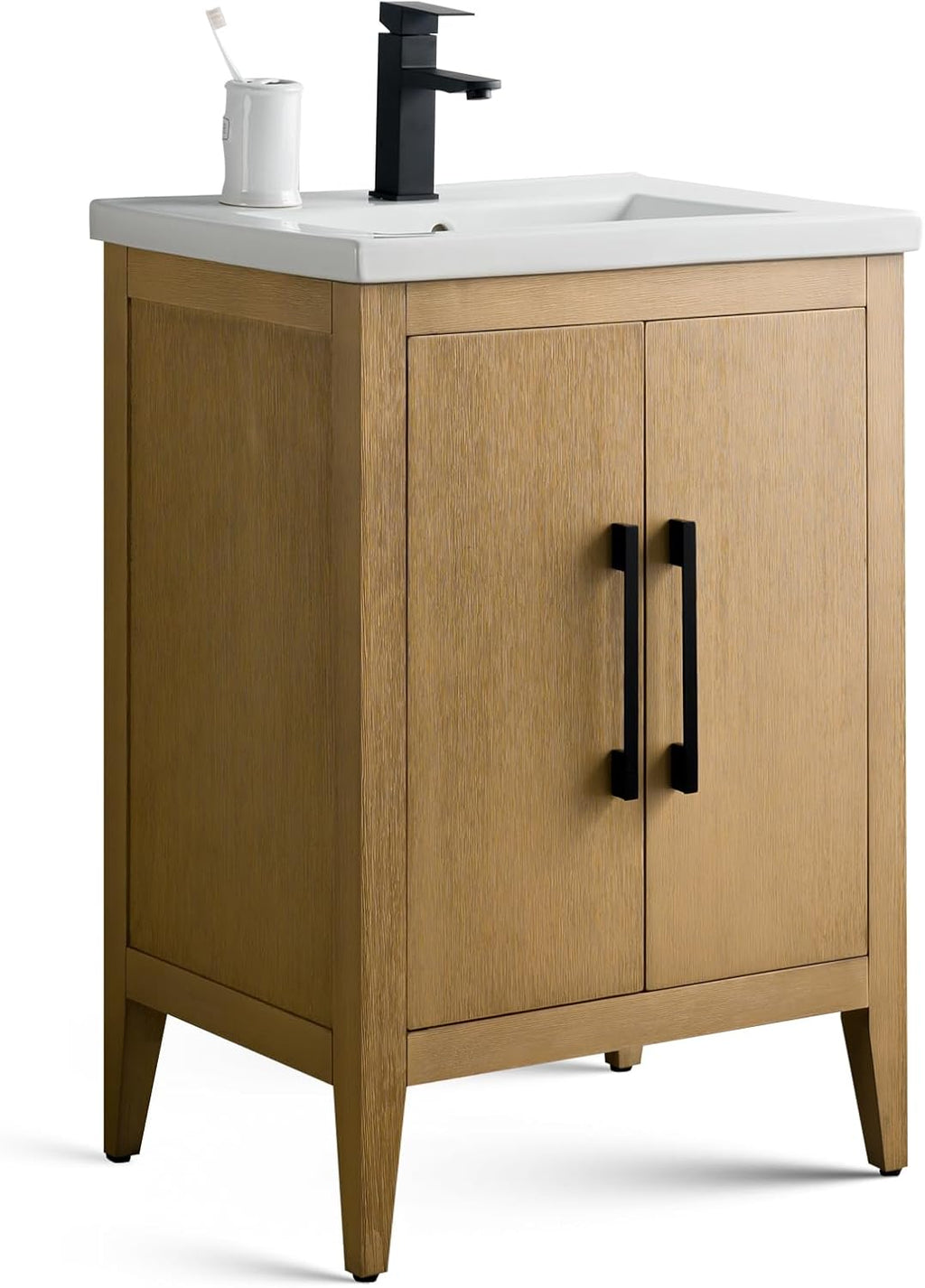 Vanity Art 24 inch Bathroom Vanity with Single Sink & Ceramic Top, Vanity Cabinet with Soft-Closing Doors, Solid Wood Frame, Natural Oak, VA9024-NO-BN1