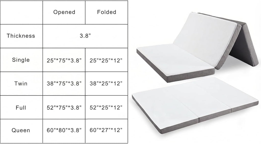 Kingfun Foldable Mat 3.8 Inch Folding Topper Tri-fold Gel Memory Foam Breathable with Storage Bag, Portable Floor Guest Mat Soft for Sleeping Camping, Gray, Queen Size