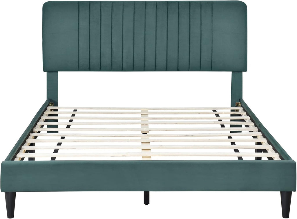 KLMM Elegant Full Size Upholstered Platform Bed,No Box Spring Needed, Velvet Fabric, Suitable for Bedroom Use, Easy to Assemble (Green#K^)