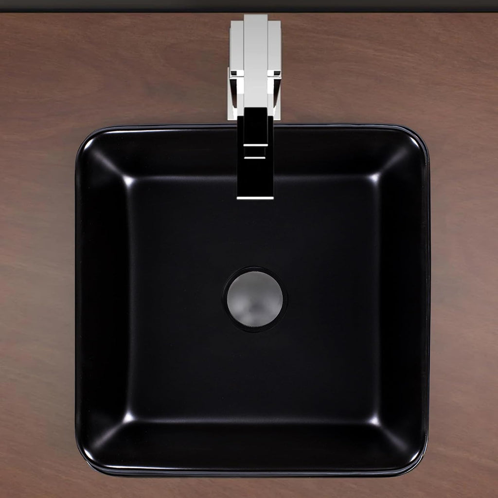 Strictly Sinks 16 Inch Square Black Vessel Sink - Modern Ceramic Countertop Bathroom Sink – Easy to Install Above Counter Luxurious Bathroom Vessel Sink (15-3/4″ W x 15-3/4″ L x 5-5/8″ H)