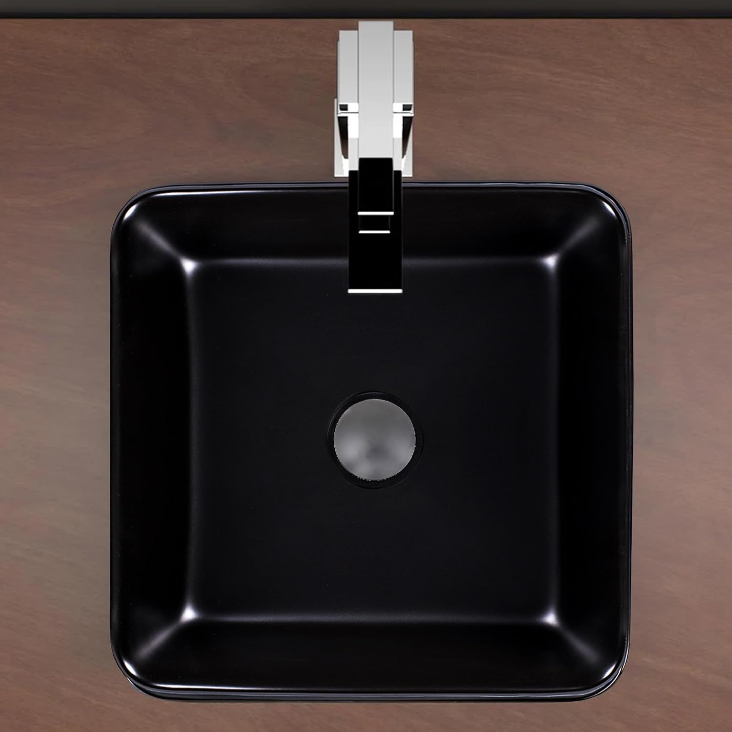Strictly Sinks 16 Inch Square Black Vessel Sink - Modern Ceramic Countertop Bathroom Sink – Easy to Install Above Counter Luxurious Bathroom Vessel Sink (15-3/4″ W x 15-3/4″ L x 5-5/8″ H)