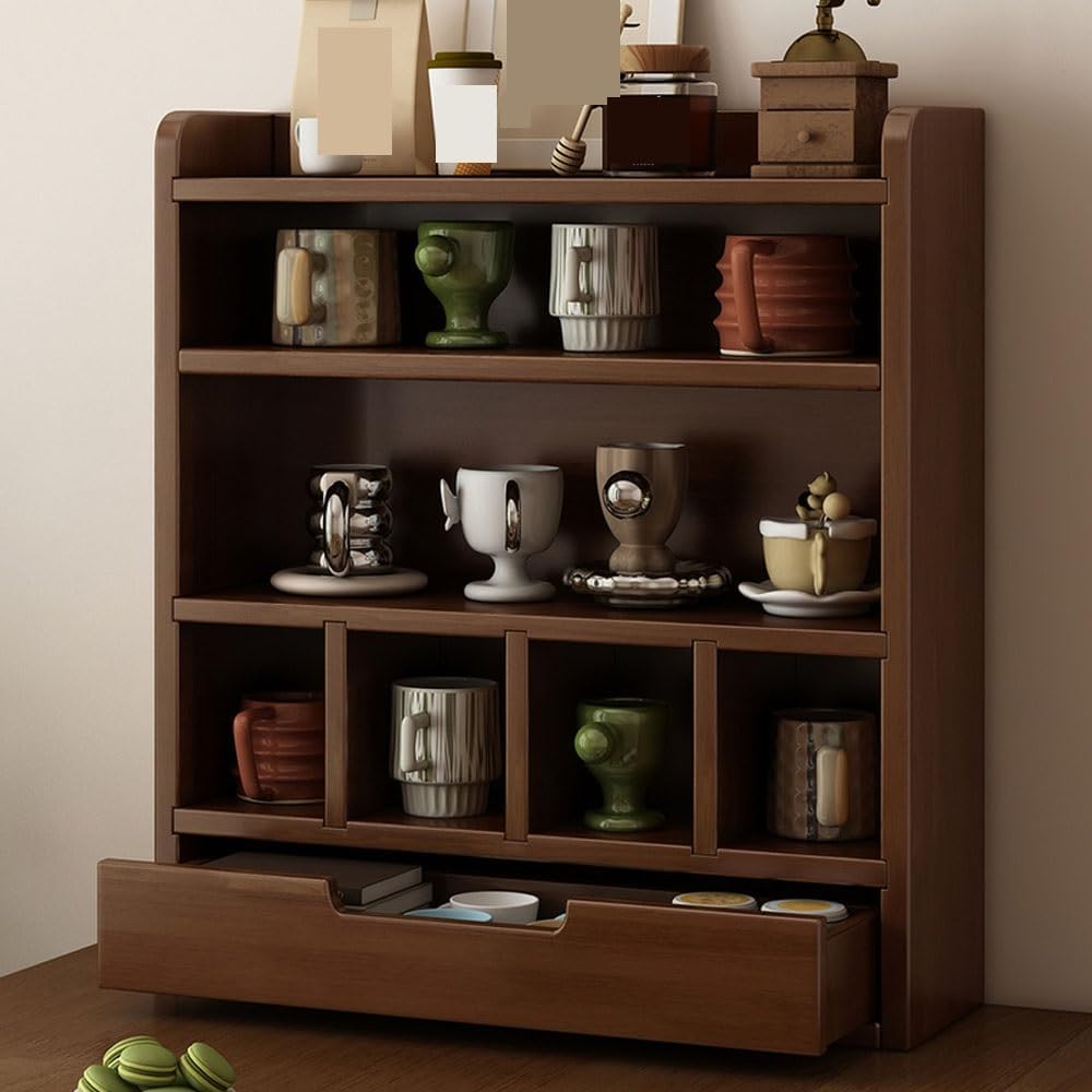 Soild Wood Coffee Cup Holder, 5-Tier Mug Holder with Drawers, Large Capacity Makeup Organizer, Countertop Organizer for Bathroom, Bedroom, Kitchen(Brown)