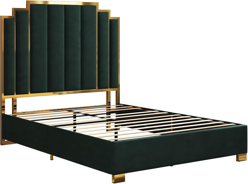 AMERLIFE Queen Size Upholstered Bed, Modern Velvet Bed Frame with 61.4' Tall Gold Trim Headboard, No Box Spring Needed, Green