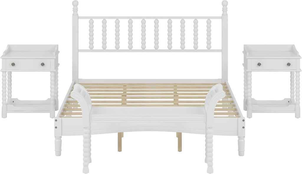 Retro Style 4-Pieces Bedroom Sets, Wood Queen Size Platform Bed with Gourd Shaped Headboard, 2 Storage Nightstand and Bench, Turned Legs Design (White-11.21)
