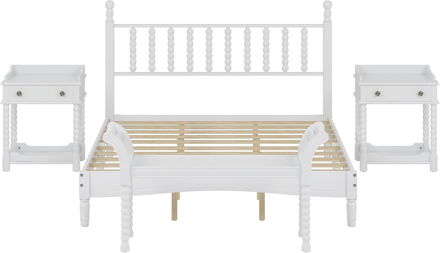 Retro Style 4-Pieces Bedroom Sets, Wood Queen Size Platform Bed with Gourd Shaped Headboard, 2 Storage Nightstand and Bench, Turned Legs Design (White-11.21)