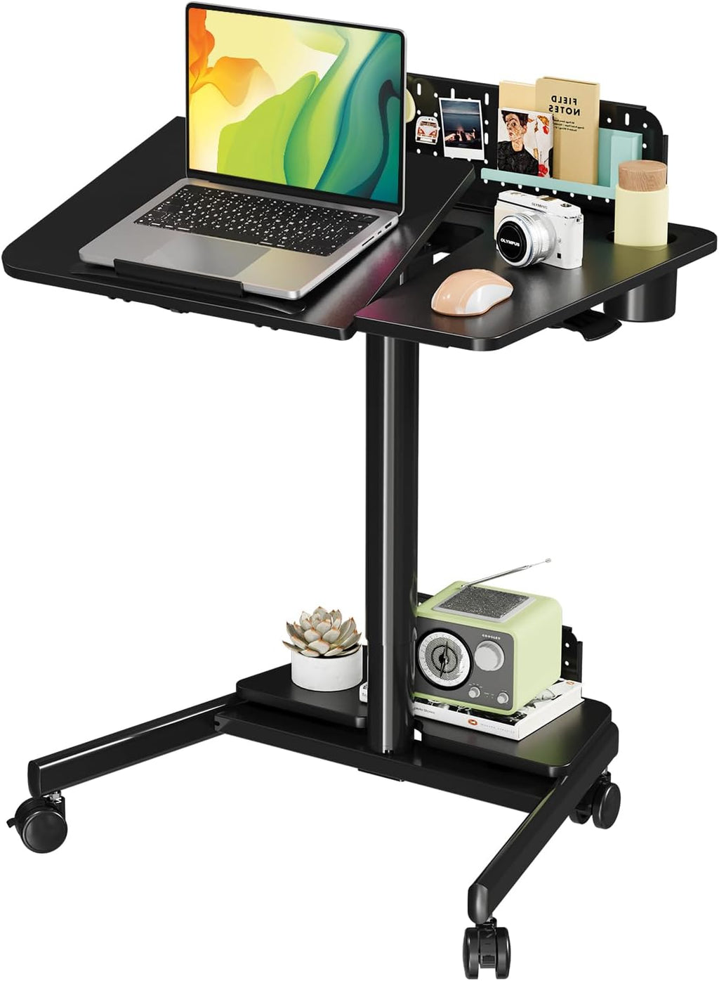 JOY worker Mobile Standing Desk with 60° Tiltable Desktop, 28' Height Adjustable Rolling Desk, DIY Pegboard & Storage Base, Portable Laptop Desk with 4 Lockable Wheels for Home Office, Black
