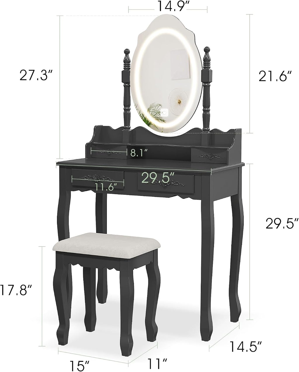 Vanity Desk with Mirror and Lights, Modern Vanity Makeup Table and Cushioned Stool Set with 4 Drawers, 3 Color Lighting Modes with Adjustable Brightness, Dressing Table Set for Bedroom (Black Vanity)