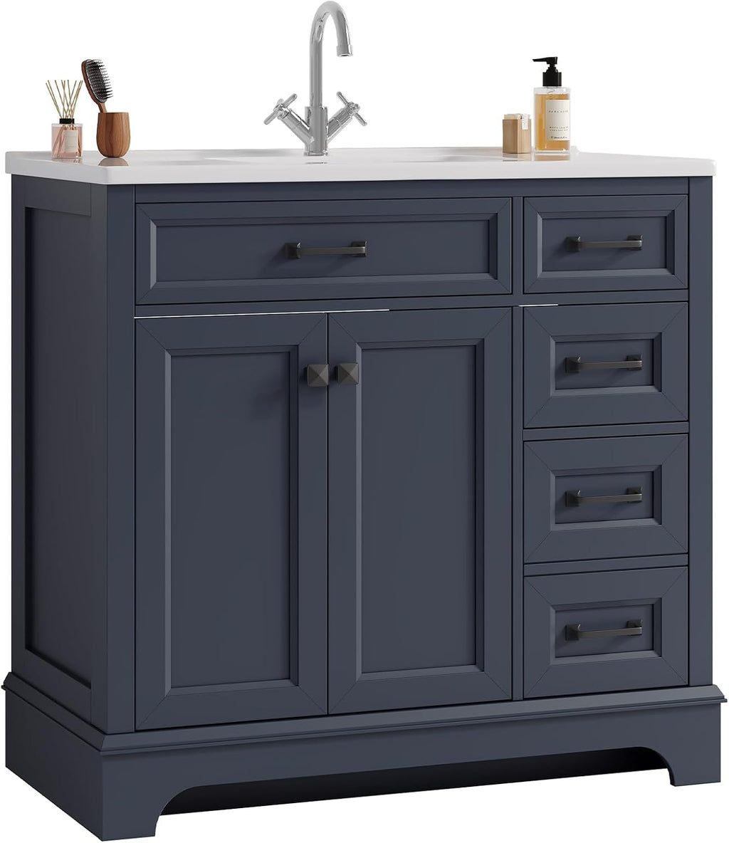 ONBRILL 36' Luxurious Bathroom Vanity with Ceramic Sink, Modern Freestanding Bathroom Single Sink Vanities Cabinet with 2 Soft Closing Doors & 2 Drawers, Adjustable Shelf & Paint Surface (Blue)