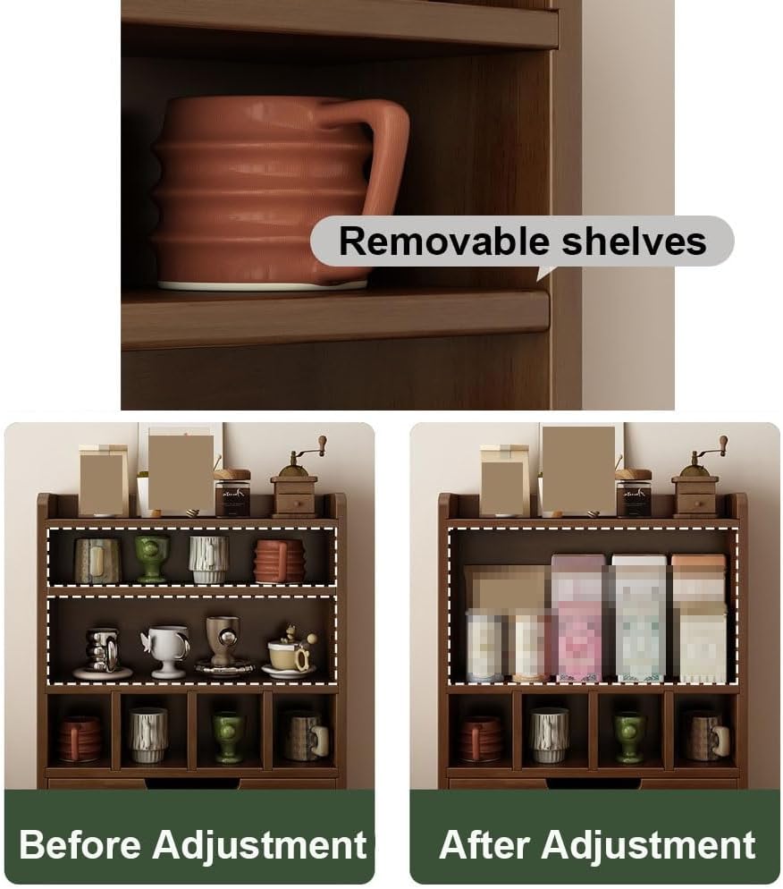 Soild Wood Coffee Cup Holder, 5-Tier Mug Holder with Drawers, Large Capacity Makeup Organizer, Countertop Organizer for Bathroom, Bedroom, Kitchen(Black)