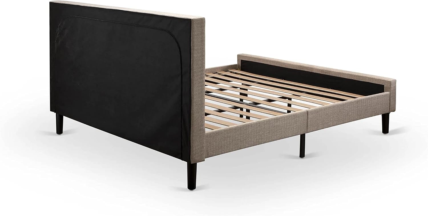 East West Furniture KDF-16-K Platform King Size Bed - Dark Khaki Linen Fabric Upholstered Bed Headboard with Button Tufted Trim Design - Black Legs