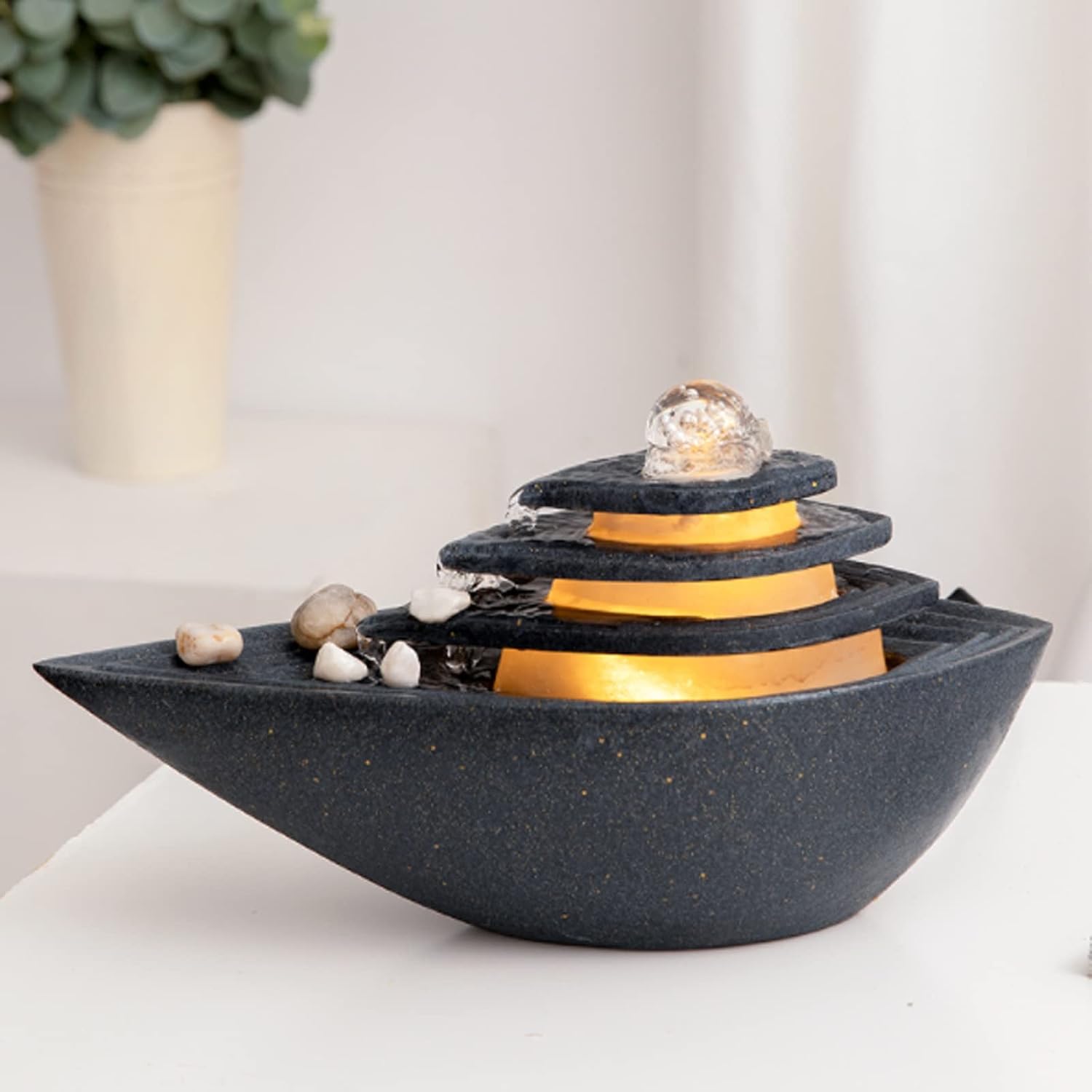 Tabletop Water Fountain Black Indoor Tabletop Water Fountain with LED Lights Rolling Ball Relaxation Tabletop Fountain Waterfall Home Decor Table Centerpiece, Small Desktop Size Indoor Fountain