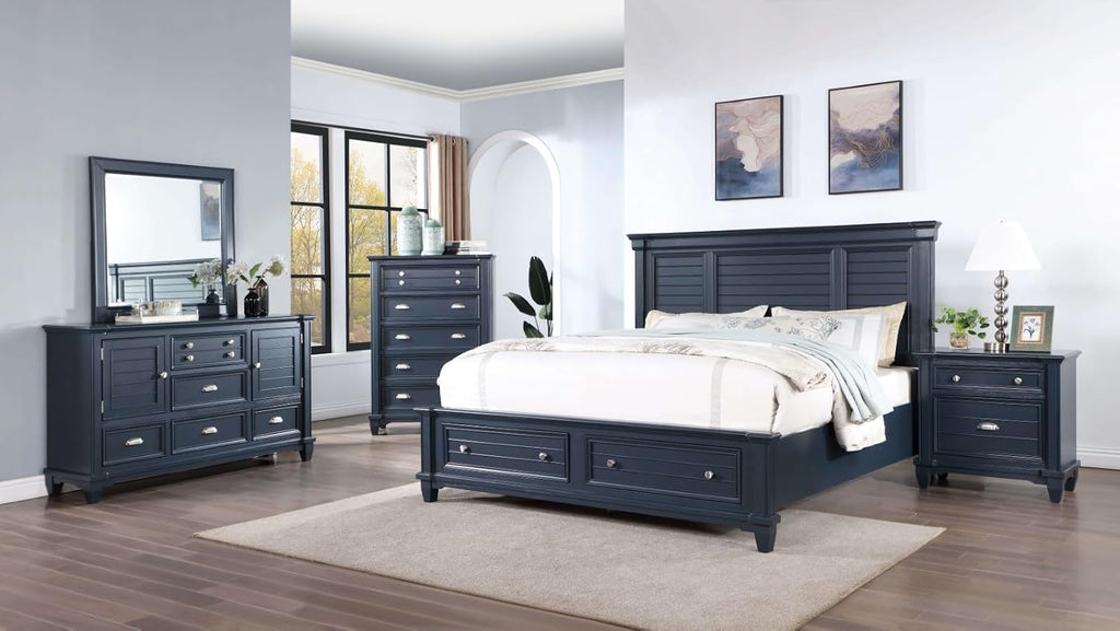 MASARA Transitional 3-Piece Bedroom Set in Slate Blue, Solid Wood Panel Bed with Storage Footboard, Queen/King/California King with 2 Nightstands (King)