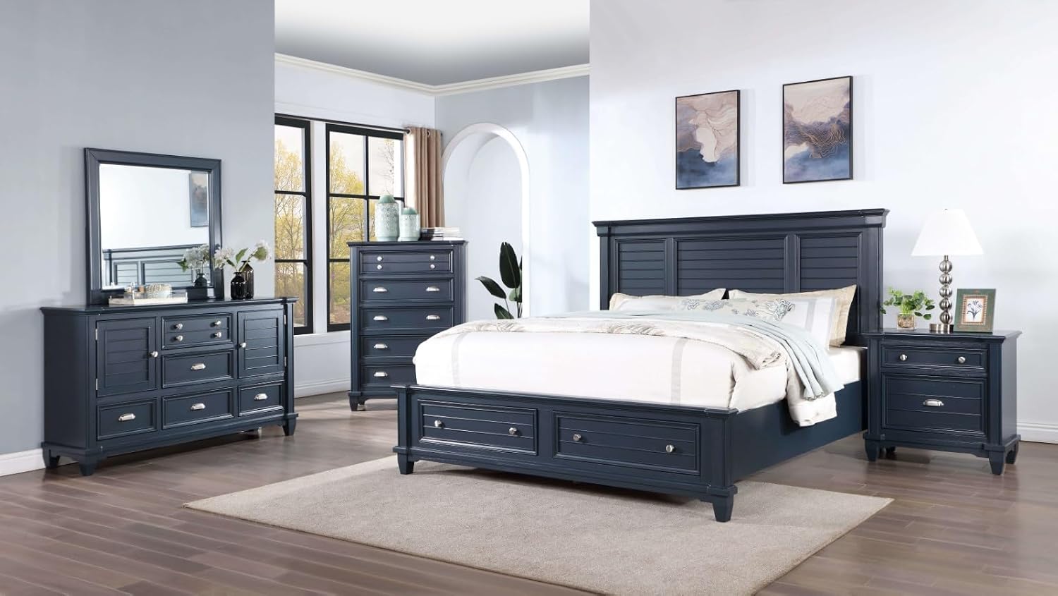 MASARA Transitional 3-Piece Bedroom Set in Slate Blue, Solid Wood Panel Bed with Storage Footboard, Queen/King/California King with 2 Nightstands (Queen)