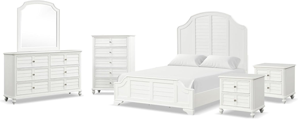 Furniture of America Eryllis Modern Solid Wood 6-Piece Panel Bedroom Set with Louvered Style Headboard, French and English Dovetails, Box Spring Needed, King, Antique White