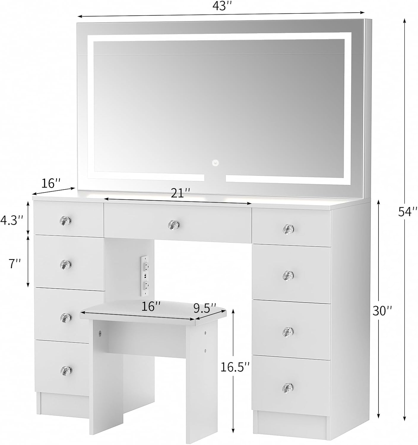 VOWNER Vanity With Lighted Mirror - Makeup Desk With Power Outlet and 9 Drawers, 3 Color Lighting Modes Adjustable Brightness, 43' Table With Soft Cushioned Stool for Bedroom, White