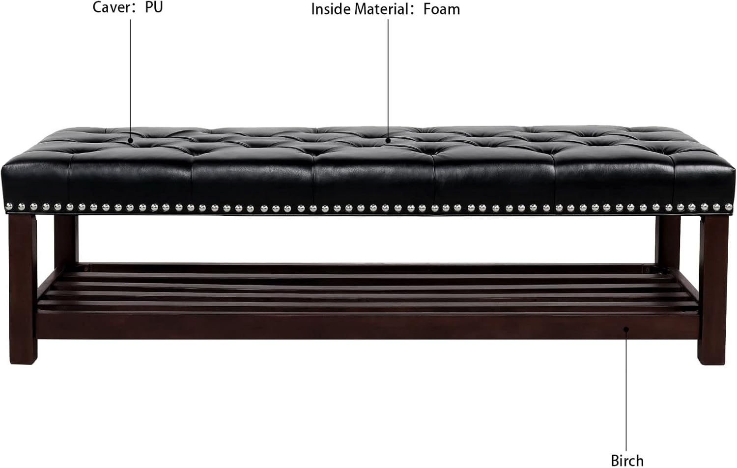 60in Button-Tufted Leather Indoor Bench,Black Upholstered Shoe Bench Entryway, Bedroom Bench Seat, End of Bed Ottoman, Vanity Bench with Wooden Base Shoes Rack (Brown+Wooden)(Black+Wooden)