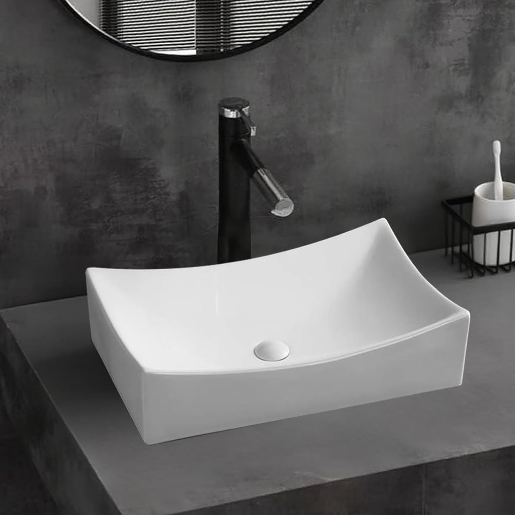 SouNor Small Rectangle Bathroom Sink Above Counter Square Basin Bowl Countertop Vessel 20'x15' Inches Modern Contemporary Porcelain Ceramic Wash Lavatory