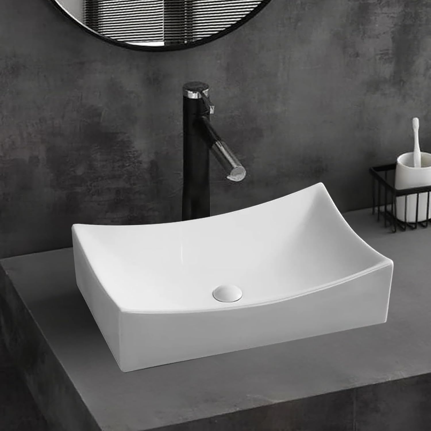 SouNor Small Rectangle Bathroom Sink Above Counter Square Basin Bowl Countertop Vessel 20'x15' Inches Modern Contemporary Porcelain Ceramic Wash Lavatory