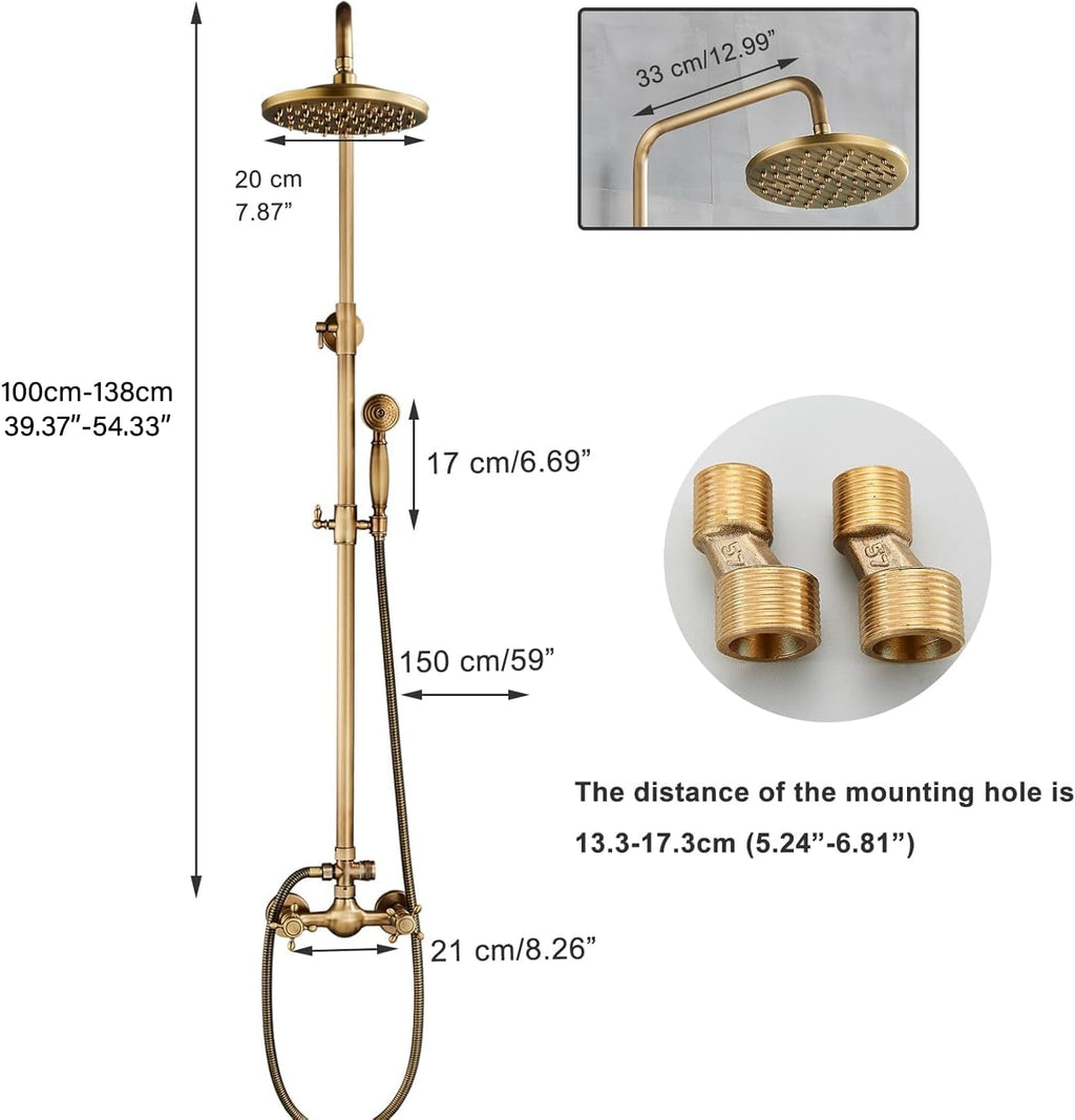 Antique Brass Shower System Bathroom Shower Faucet Set with 8 Inch Rainfall Shower Head Handheld Spray 2 Cross Handles Wall Mounted Outdoor Shower Fixtures Solid Brass