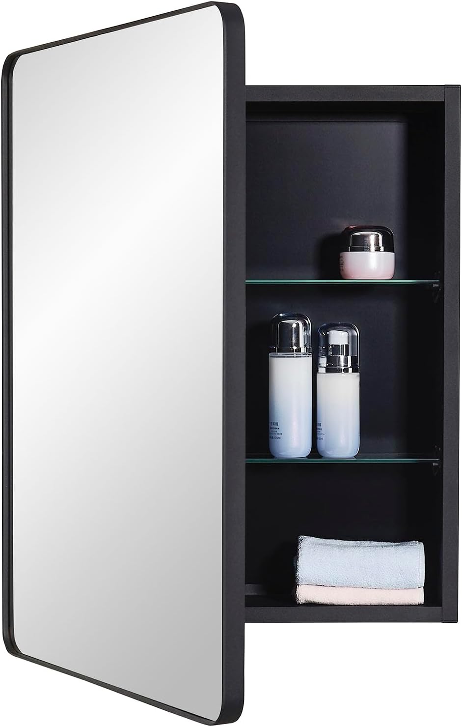 IDYLLOR Black Bathroom Mirror Medicine Cabinet with Round Corner Framed Door 20 x 26 inch, Recessed or Surface Mount, with Adjustable Glass Shelves