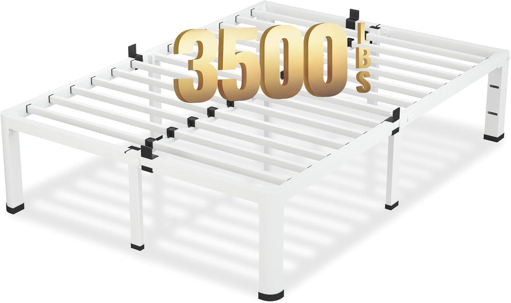 VIPSHOW 18 Inch King Size White Bed Frame, 3500Lbs Heavy Duty Metal Platform with Round Corner Legs Mattress Slide Stopper, Steel Slat Support No Box Spring Needed, Noise Free, Non-Slip, Easy Assembly