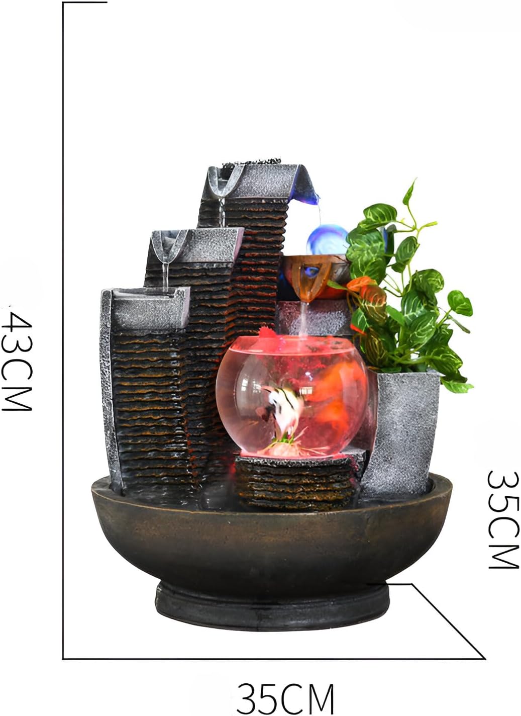 16.93' Indoor Tabletop Fountain with LED Fish Tank, Lighted Crystal Ball & Free 10 Natural Crystals – Water Feature for Home, Office, Entryway & Housewarming Gift (Fish Tank)