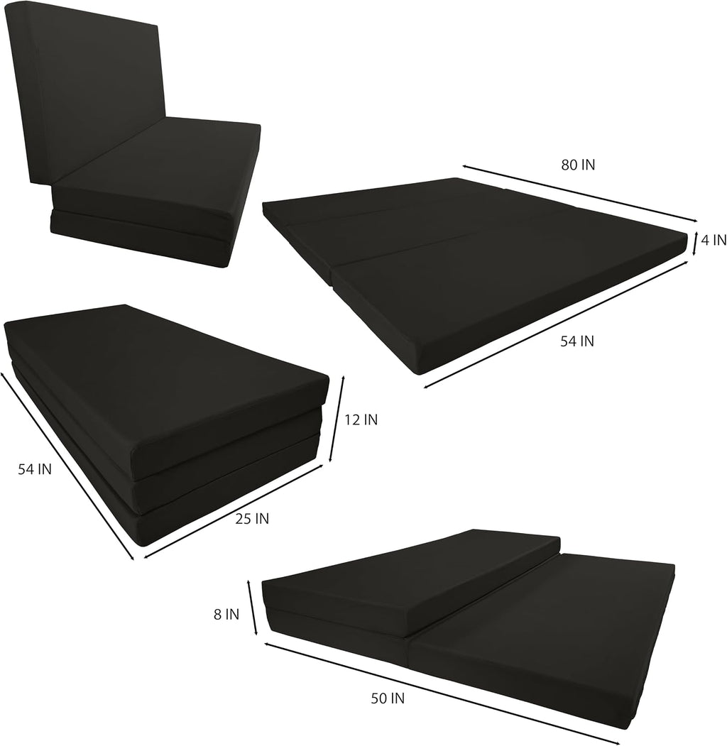 D&D Futon Furniture Portable Trifold Mattress, Foldable Foam Mattresses Small Space Saving Guest, Floor Fold Out Bed Ottoman, 4 inch Folding Cushion Pad Camping RV (Full Size 4x54x75, Black)