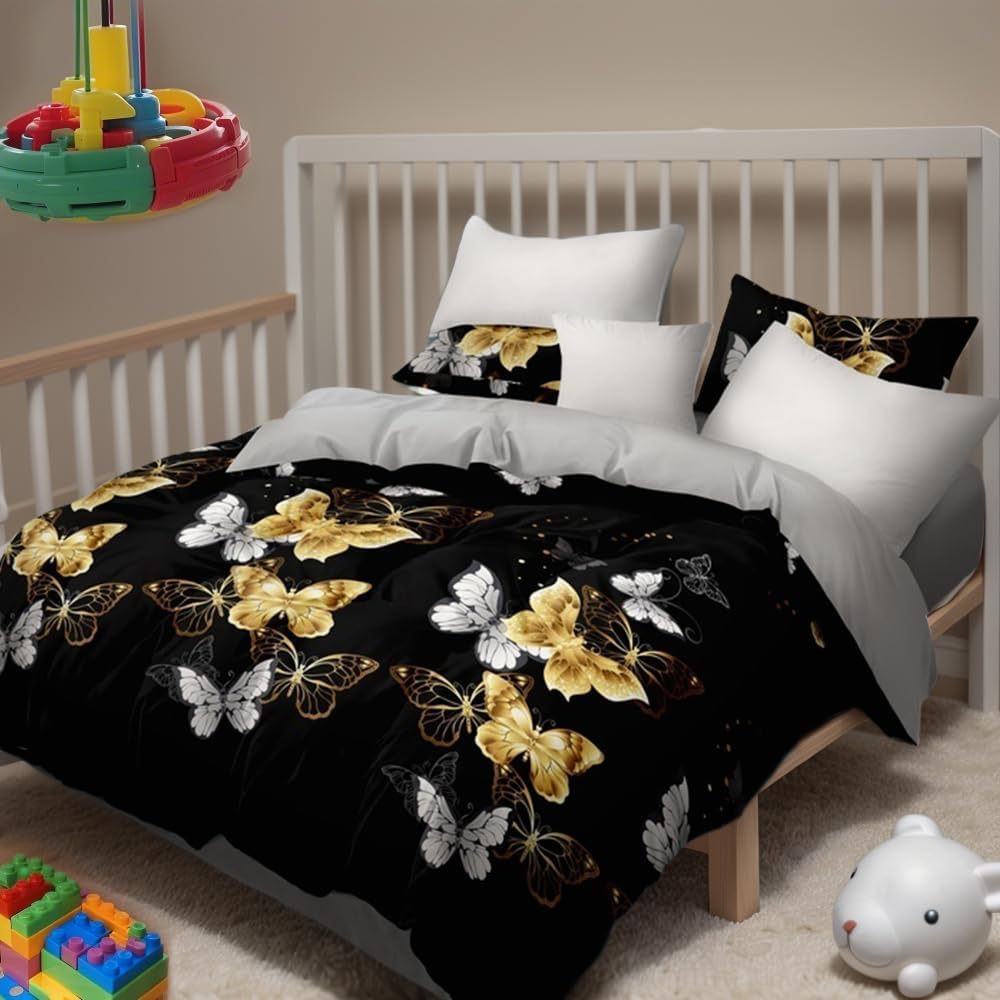 Luxury Golden Butterfly Queen Light Comforter Set, Elegant 9-Piece Bed in a Bag Queen Bedspread with Matching Curtains Ultra Soft & Breathable Black Gold Bedding, Chic All-Season Master Suite Decor