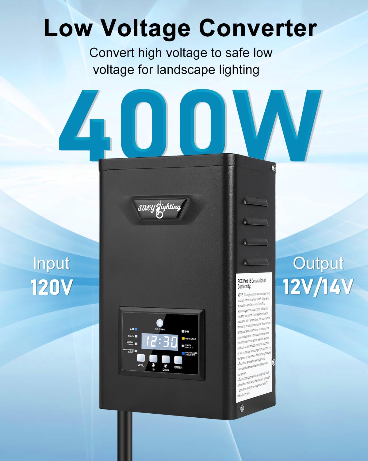 SMY Lighting 400W Low Voltage Landscape Transformer, Outdoor Lighting Transformer with Photocell Sensor and Timer 120V AC to 12V 14V AC Weatherproof Transformers for Landscape Lighting