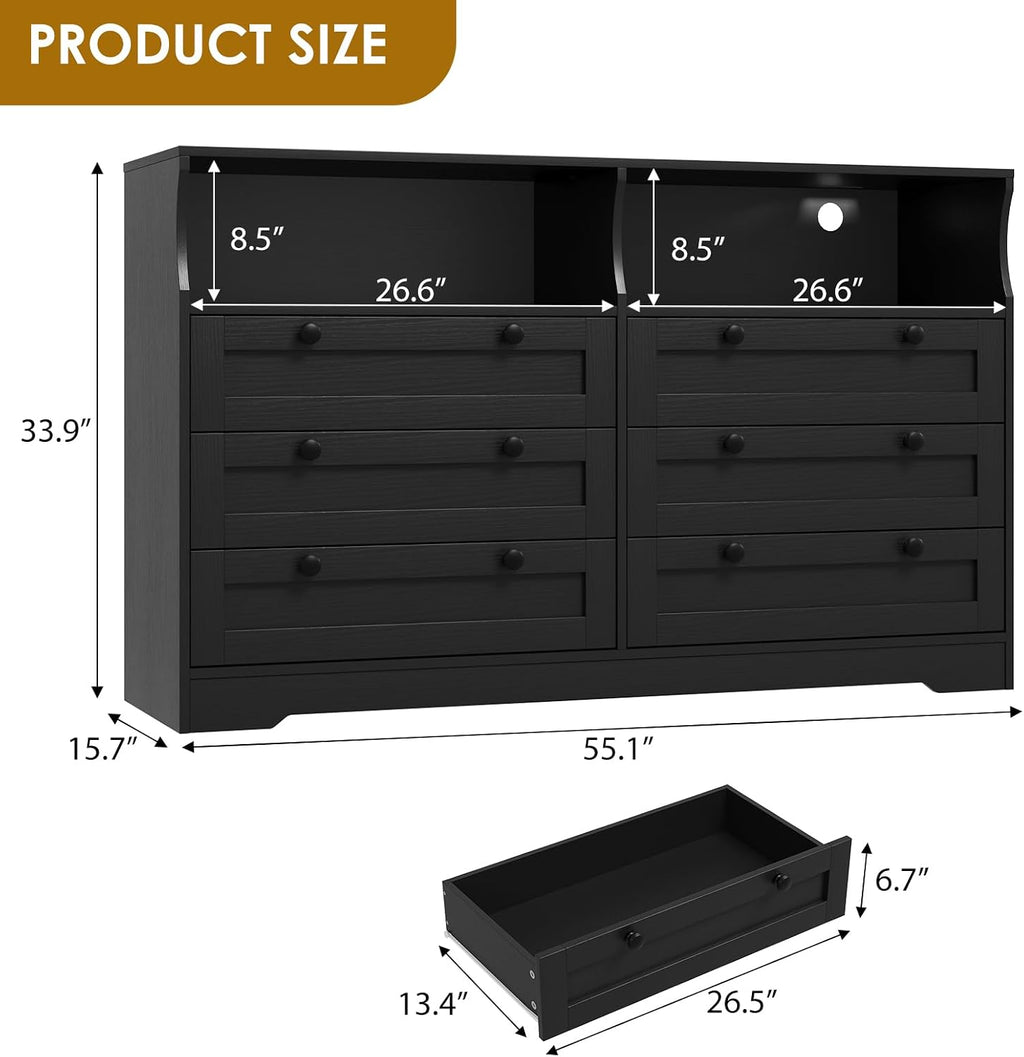 GarveeLife Black Dresser for Bedroom with 6 Drawers, Large Wooden Bedroom Dressers with Power Outlet and Led Lights, 55 in Wide TV Dresser, Wood Modern 6 Drawers Dressers & Chests of Drawers for Room