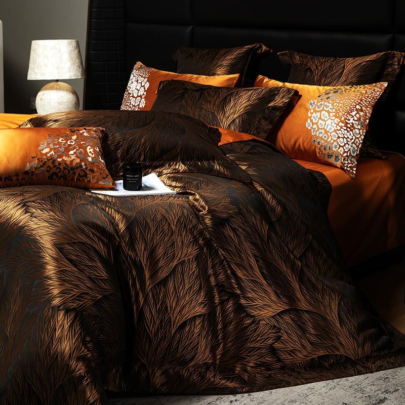 100% Long Staple Cotton Luxury 6-Piece Set, Elegant Black and Gold Satin Bedding Set, 3D Embroidered Jacquard, Quilt Cover，Sheet+2 Pillowcases and 2 Cushion Covers (Black Gold,Full)
