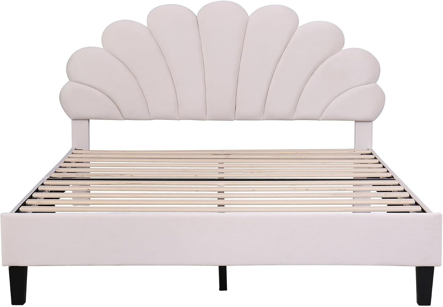 Harper & Bright Designs Queen Size Upholstered Platform Bed Frame with Flower Pattern Velvet Headboard for Boys Girls Kids Adults, Beige