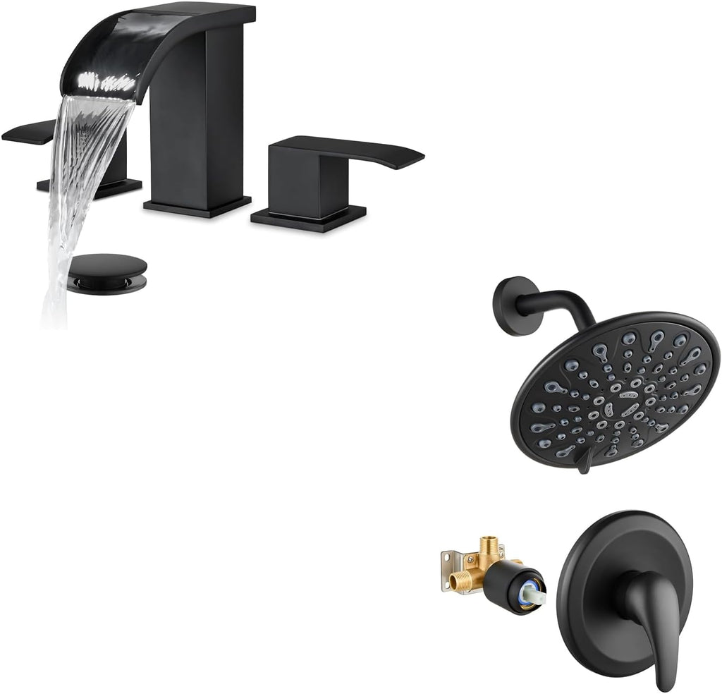 gotonovo Waterfall 8 inch Widespread Bathroom Faucet with gotonovo Shower Faucet Set Complete 6 Settings 6 inch Rainfall Shower Head Kit Matte Black