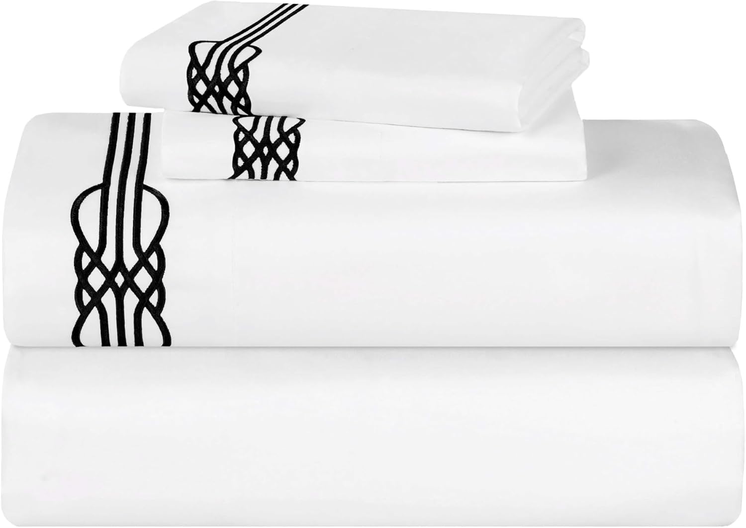Superior Embroidered Cotton Bed Sheet Set, 1 Elastic Deep Pocket Fitted Sheet, 1 Flat Sheet, 2 Pillowcases, Daily Soft Sheets, Luxury, Elegant Design, Moonlawn Collection, King Size, White/Black