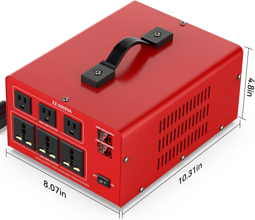 5000W Heavy Duty Voltage Converter Transformer – Step Up 110V to 220V & Step Down 220V to 110V, Auto Input Recognition, 3 US & 3 Universal Outlets, LCD Display, Circuit Breaker for Travel & Home