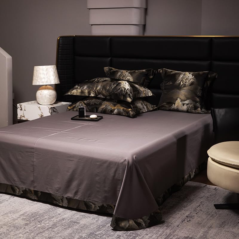 100% Long Staple Cotton Luxury 6-Piece Set, Elegant Black and Gold Satin Bedding Set, 3D Embroidered Jacquard, Quilt Cover，Sheet+2 Pillowcases and 2 Cushion Covers (Jinshan,Full)