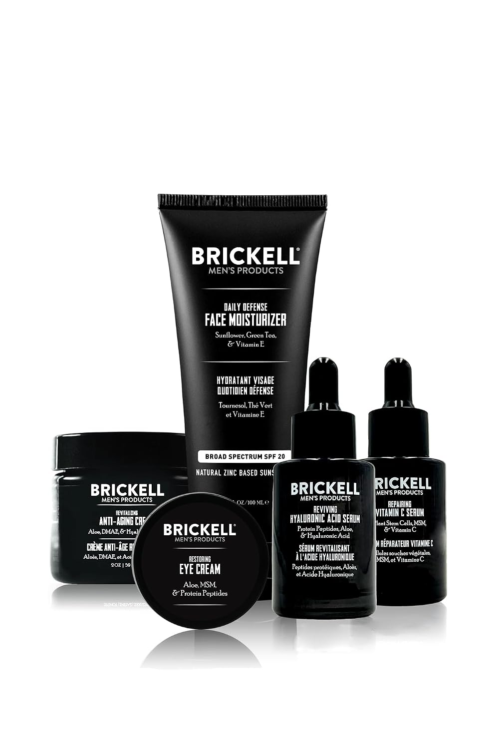 Brickell Men's Complete Defense Anti Aging Routine, Night Face Cream, Day & Night Serum, Facial Moisturizer w/SPF & Eye Cream, With Hyaluronic Acid, Peptides, and Vitamin C, Scented